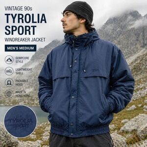 Vintage 90s Tyrolia Sport Windbreaker Jacket Blue‎ Hooded Gorpcore Mens M